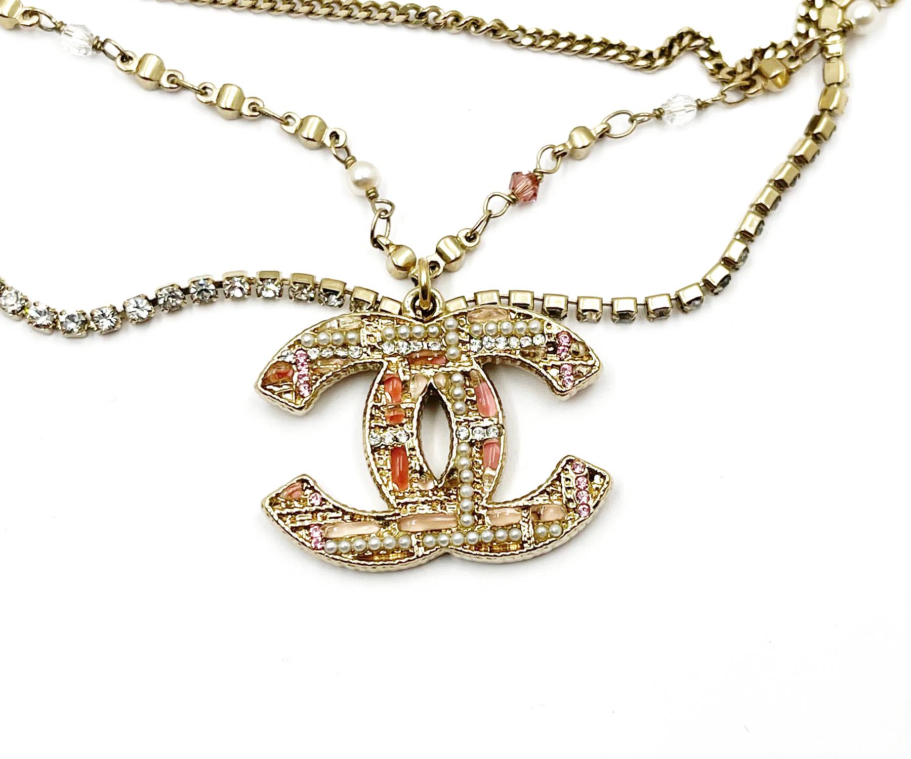 Chanel Gold CC Pink Stone Pearl Plaid Multi Chain Necklace - Image 3