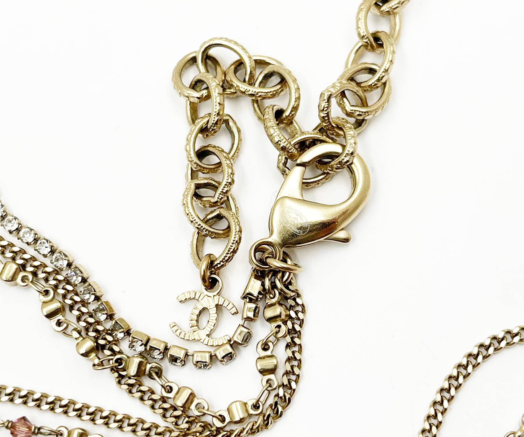 Chanel Gold CC Pink Stone Pearl Plaid Multi Chain Necklace - Image 4