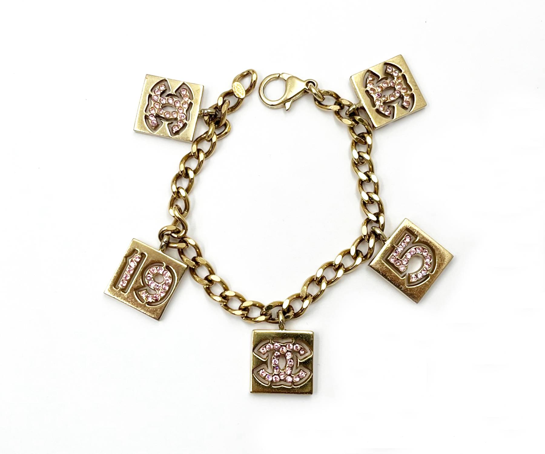 Chanel Vintage Pink CC 19 5 Crystal Gold Charm Bracelet