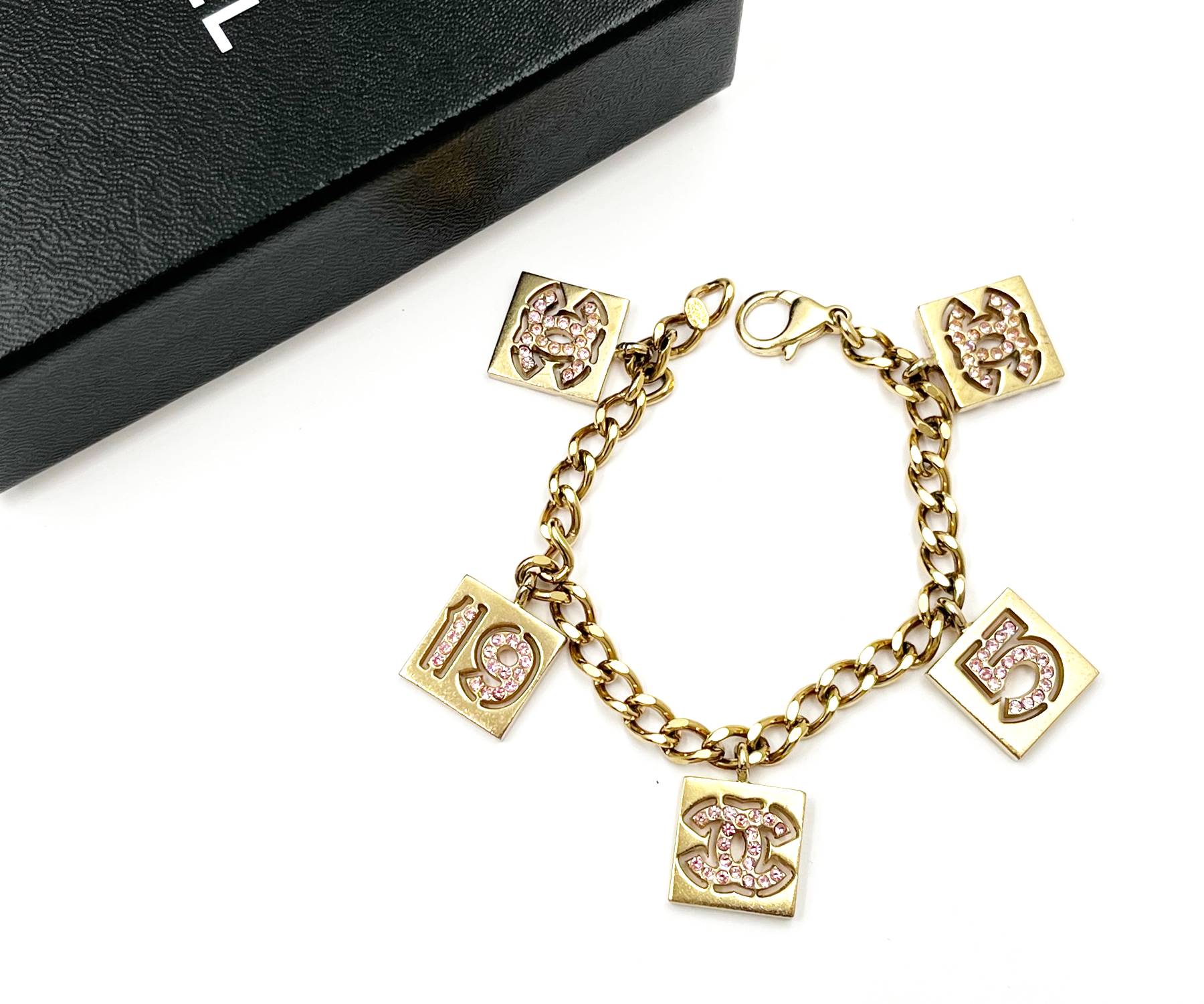 Chanel Vintage Pink CC 19 5 Crystal Gold Charm Bracelet - Image 2