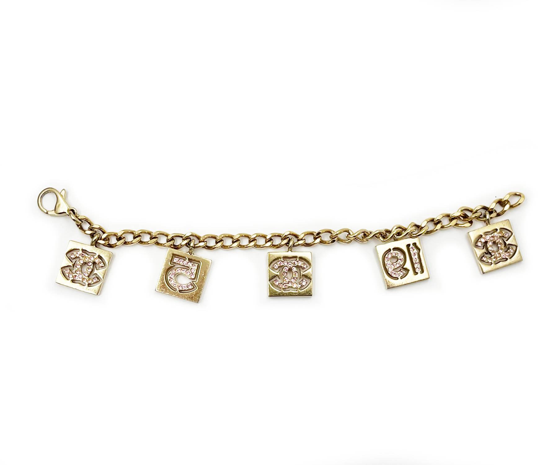 Chanel Vintage Pink CC 19 5 Crystal Gold Charm Bracelet - Image 3
