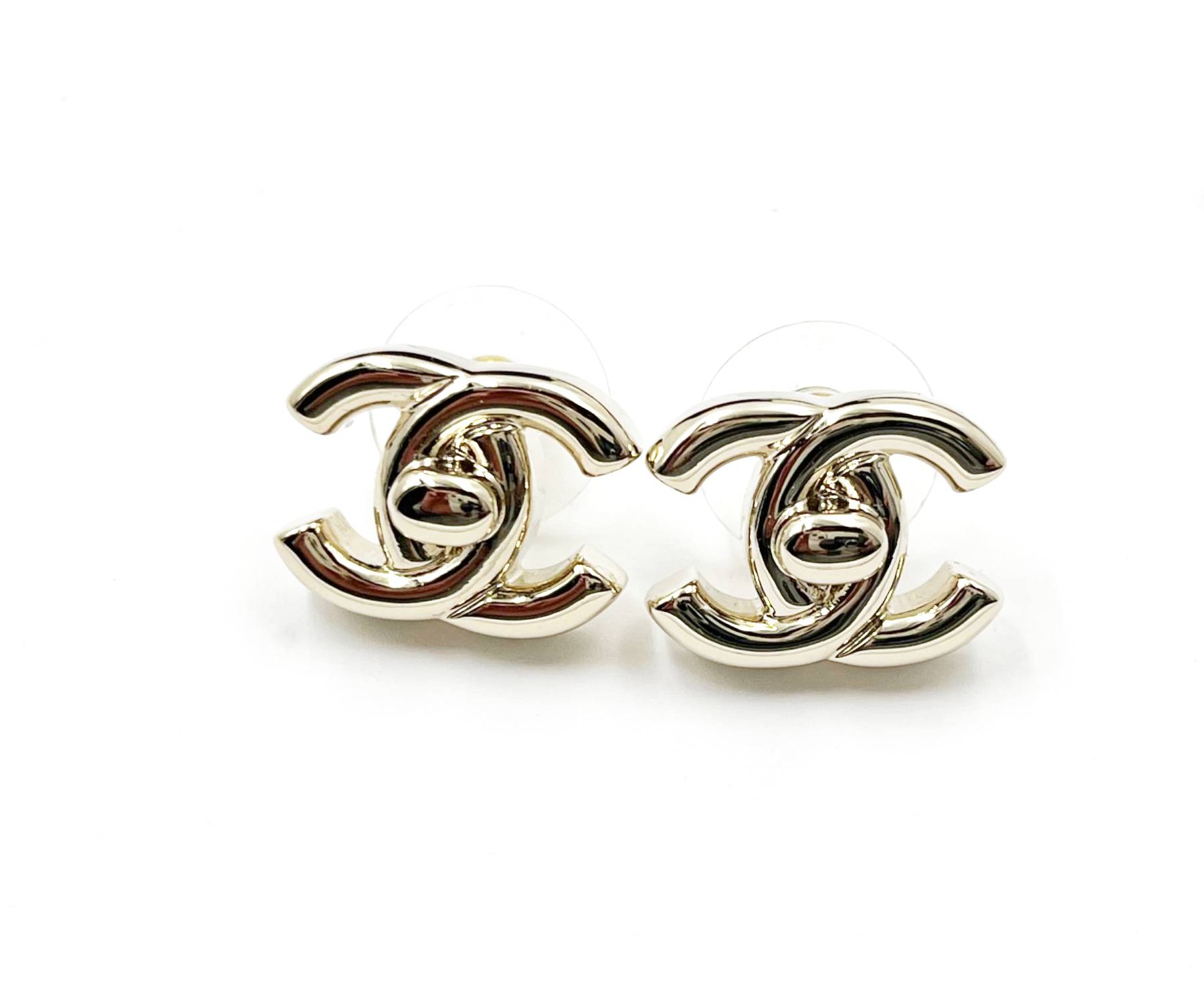 Chanel Brand New Light Gold CC Reissued Turnlock Regular Piercing Earrings