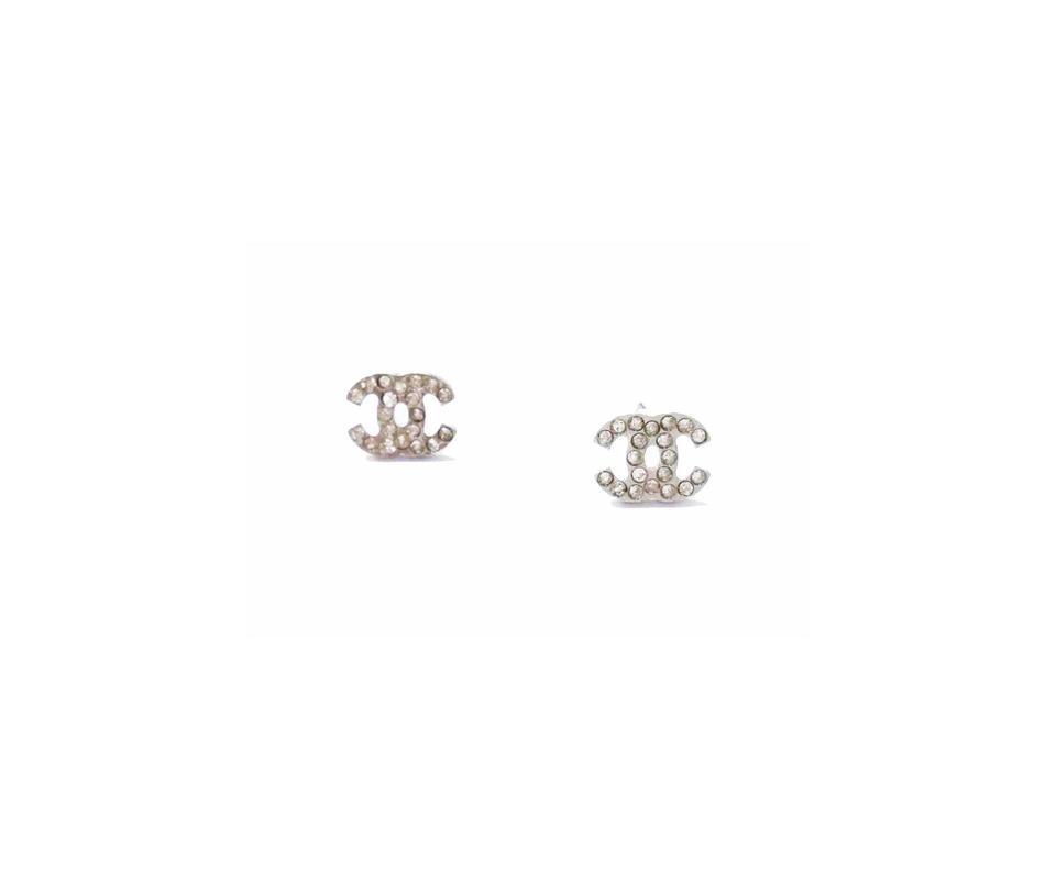 Chanel Super Rare Silver CC Crystal Mini Piercing Earrings