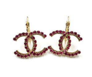 Chanel Gold CC Fuchsia Crystal Lever Back Piercing Earrings