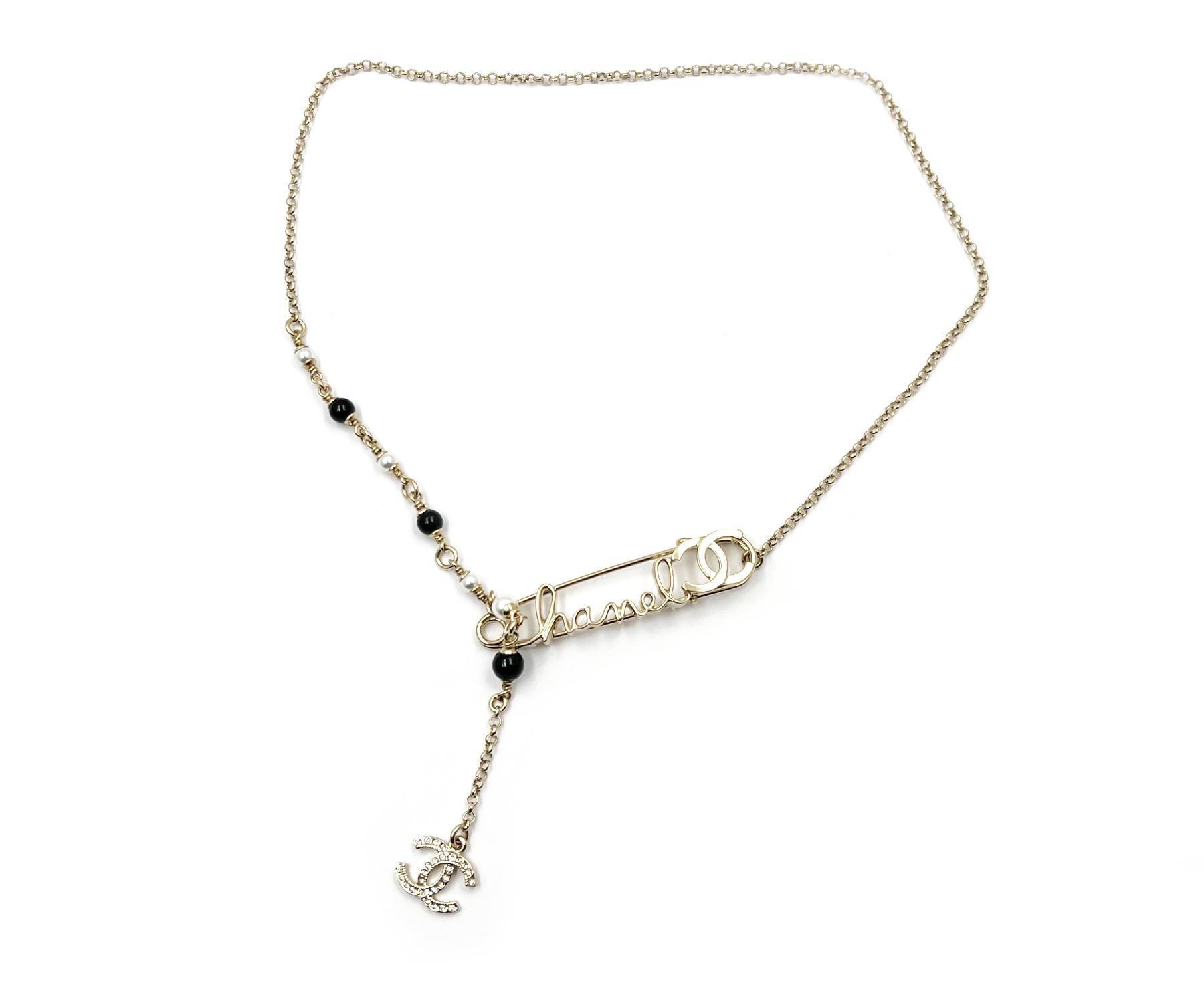 Chanel Brand New Rare Light Gold Safety Pin Pearl Necklace