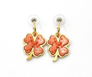 Chanel Vintage White CC Gold Plated Coral Clover Hoop Piercing Earrings