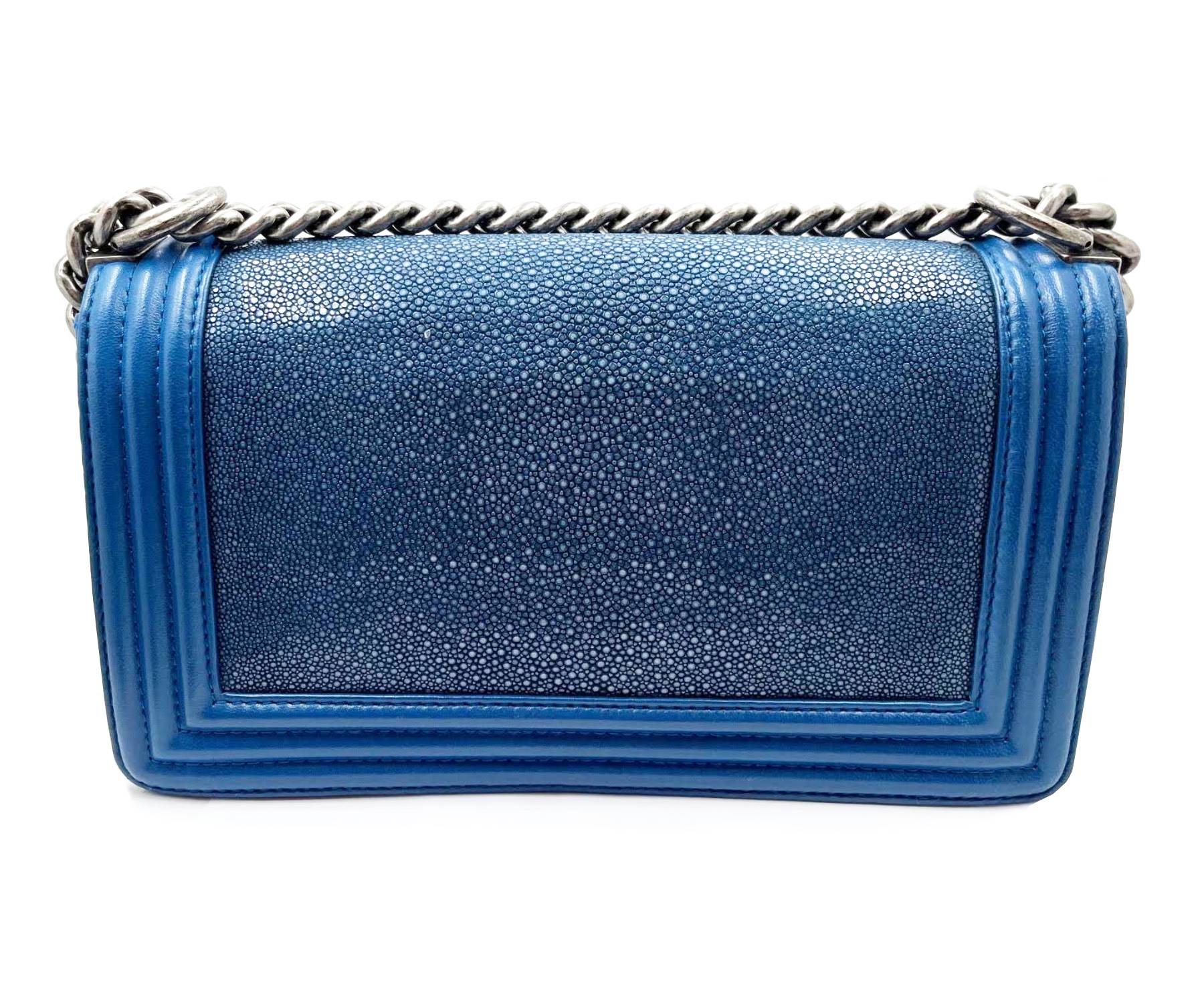 Chanel Rare Blue Galuchat Exotic Leather Medium Boy Crossbody Bag - Image 3