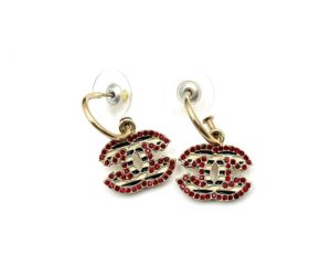 Chanel Gold CC Black White Stripe Red Crystal Hoop Piercing Earrings