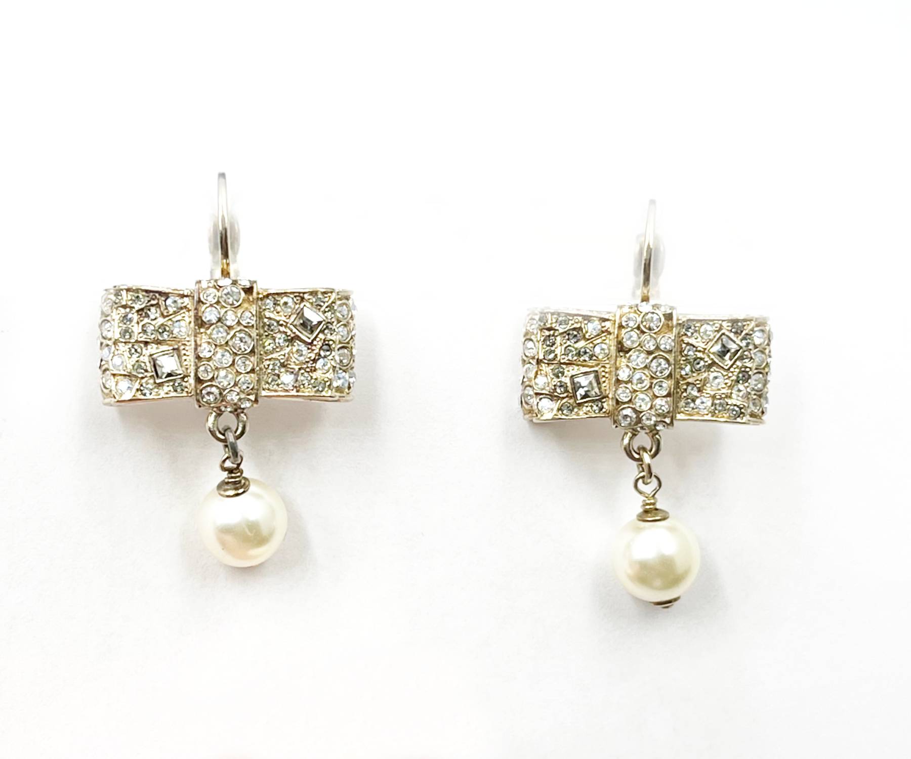 Chanel Gold CC Ribbon Bow Round Princess Crystal Pearl Dangle Lever Back  Earrings