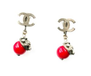 Chanel Rustic Silver  CC Red Bead Dangle Clip on Earrings