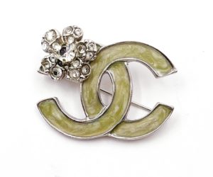 Chanel Silver CC Mint Enamel Corner Crystal Flower Brooch