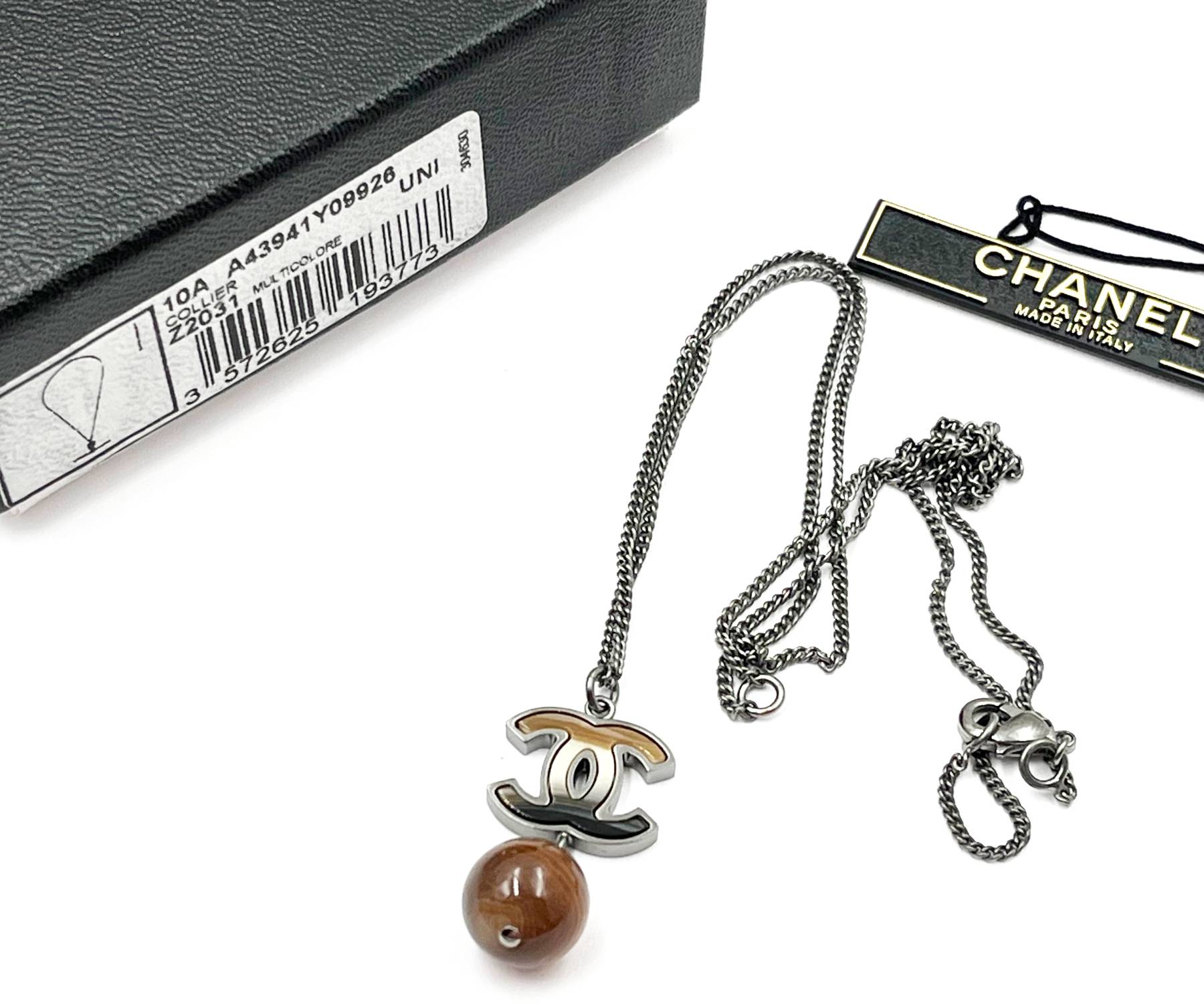 Chanel Silver CC Petrified Wood CC Dangle Pendant Necklace - Image 2