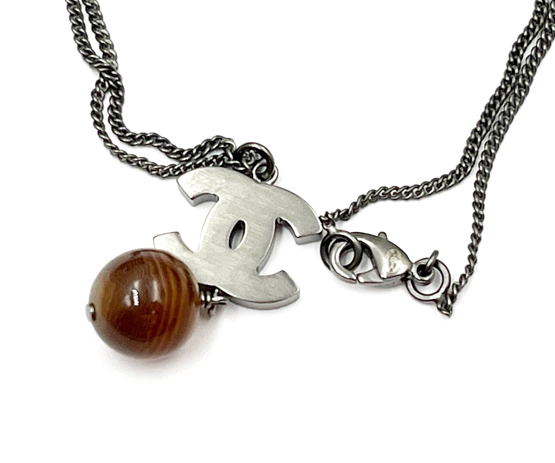 Chanel Silver CC Petrified Wood CC Dangle Pendant Necklace - Image 3