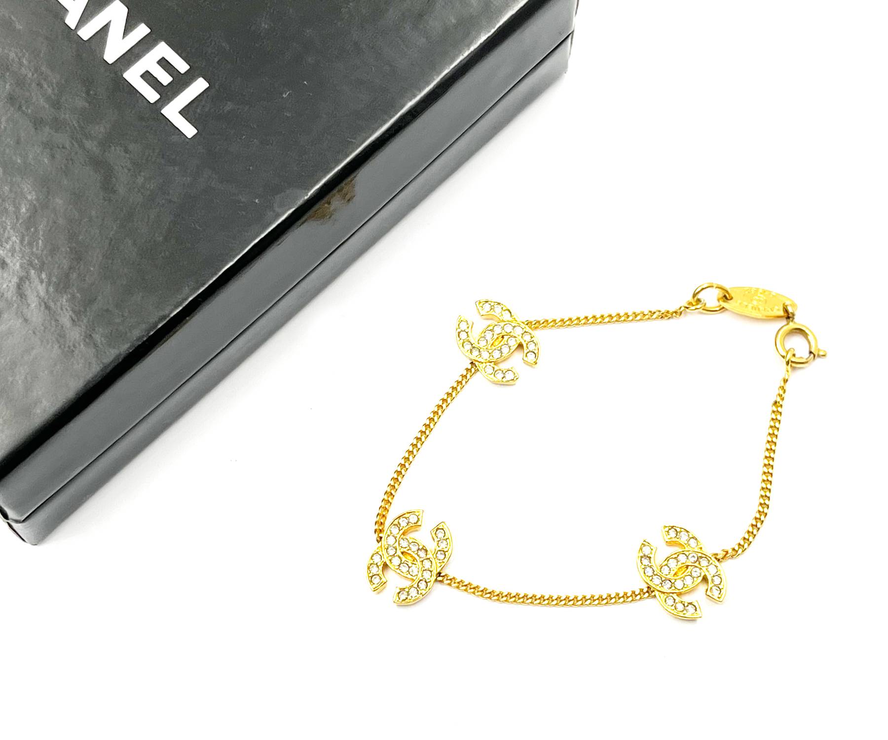 Chanel Vintage Gold Plated 3 CC Crystal Chain Bracelet - Image 2