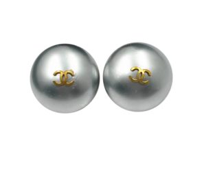 Chanel Vintage Gold Plated CC Light Blue Pearl Large Clip on Earrings
