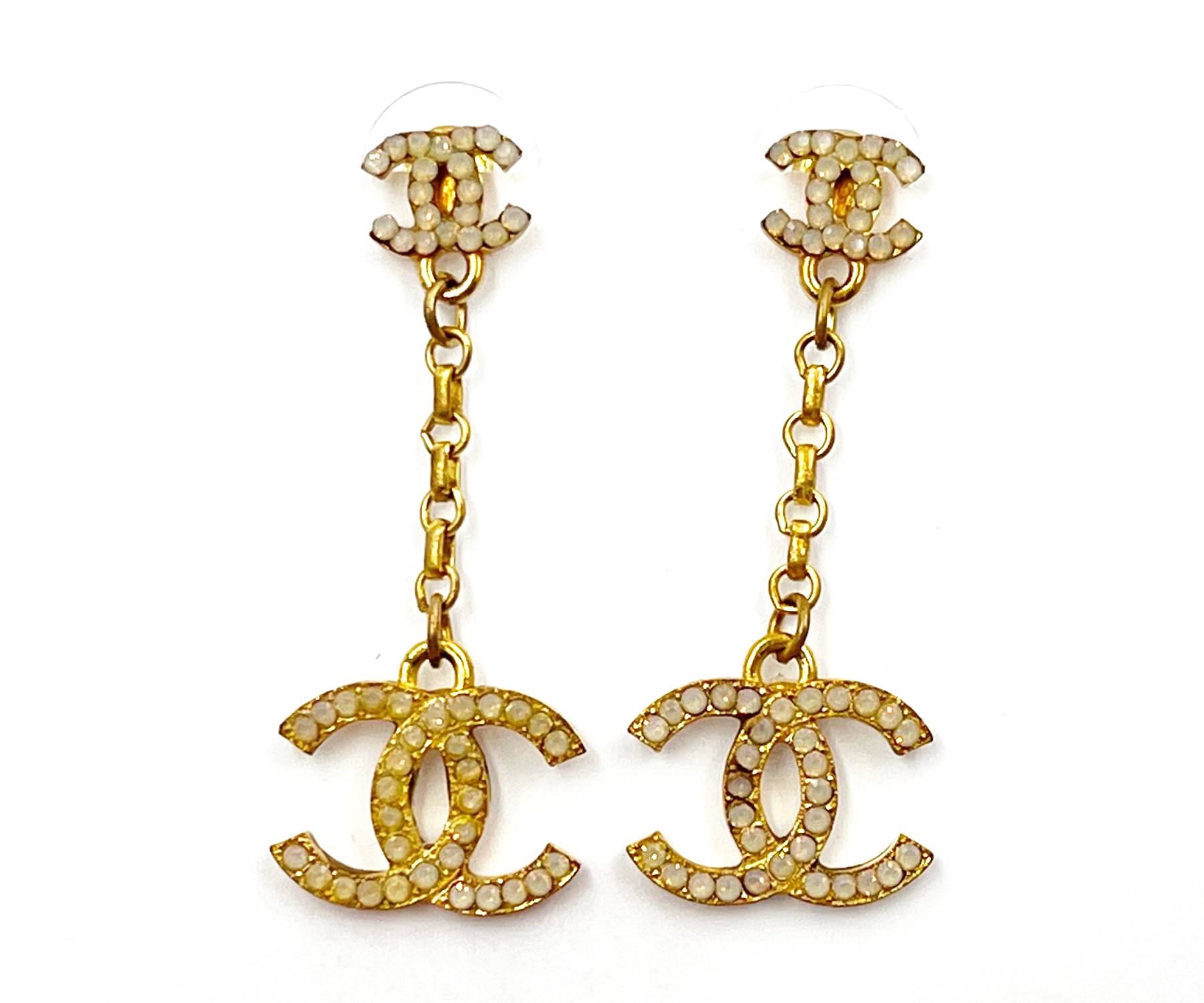 Chanel Vintage Gold Plated CC Opal Crystal CC Dangle Piercing Earrings