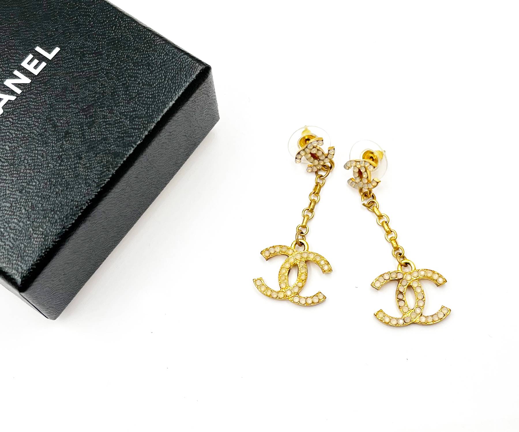 Chanel Vintage Gold Plated CC Opal Crystal CC Dangle Piercing Earrings - Image 2