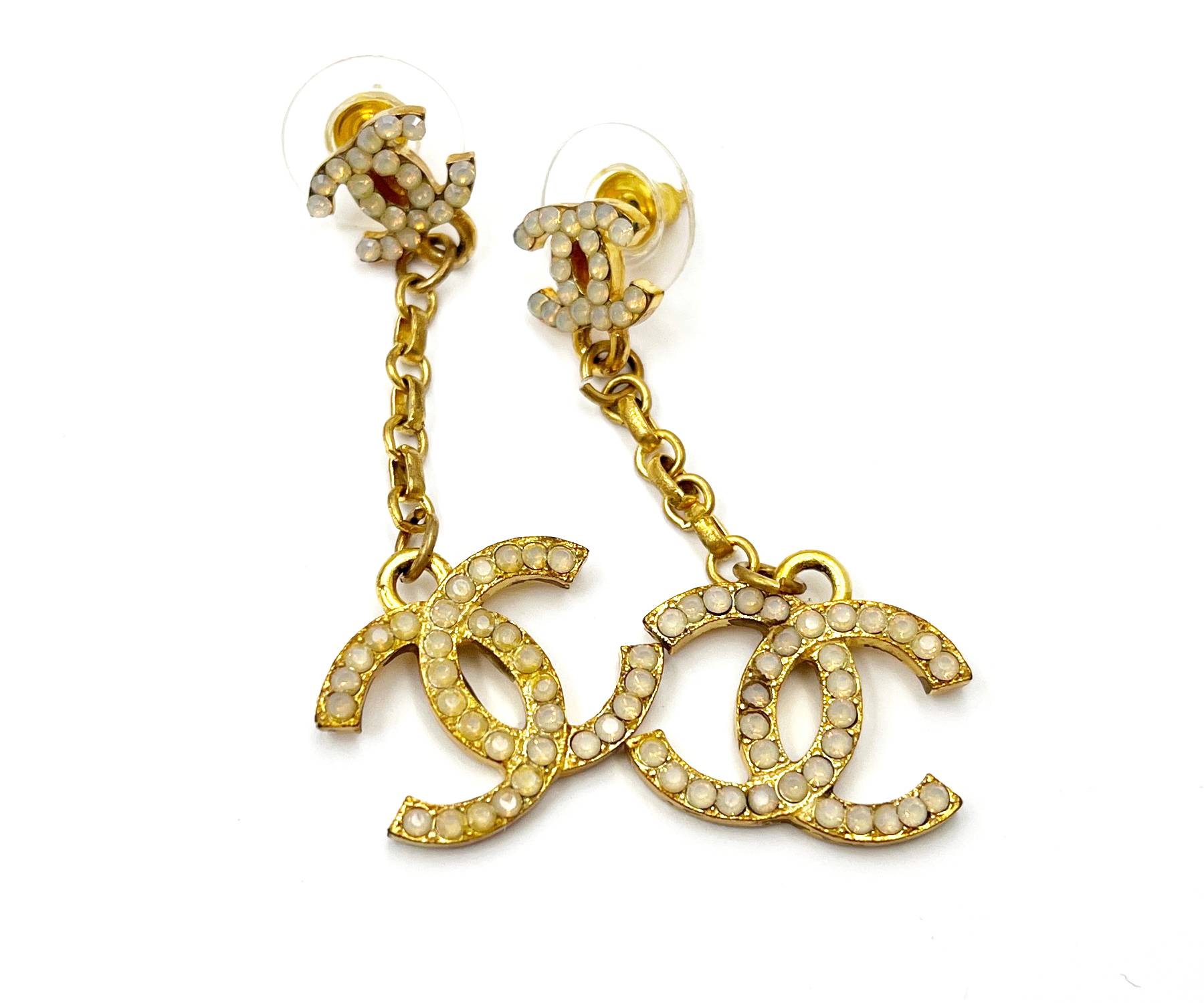 Chanel Vintage Gold Plated CC Opal Crystal CC Dangle Piercing Earrings - Image 3