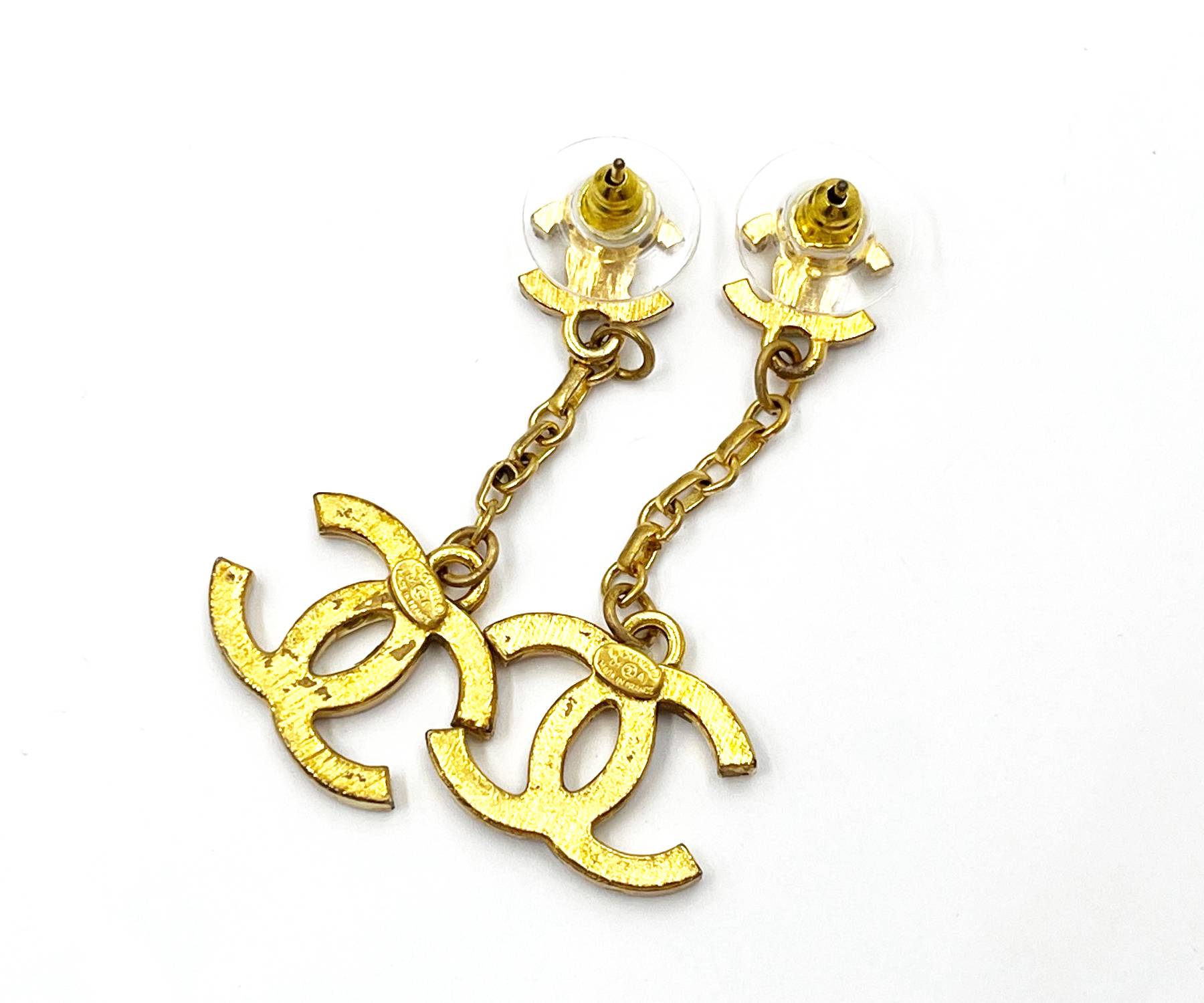 Chanel Vintage Gold Plated CC Opal Crystal CC Dangle Piercing Earrings - Image 4
