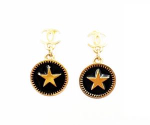 Chanel Vintage Gold Plated CC Star  Round Black Coin Dangle Piercing Earrings