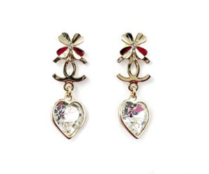 Chanel Brand New Gold CC Clover CC Heart Crystal Dangle Piercing Earrings
