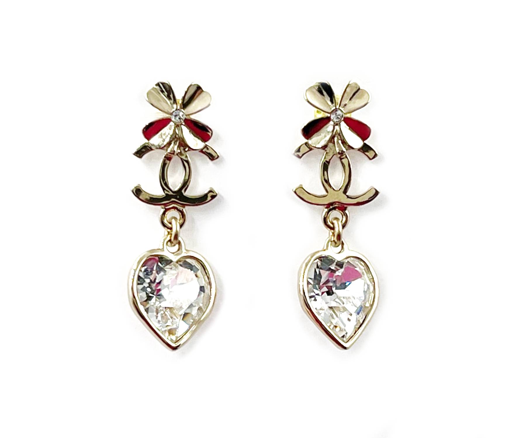 Chanel Brand New Gold CC Clover CC Heart Crystal Dangle Piercing