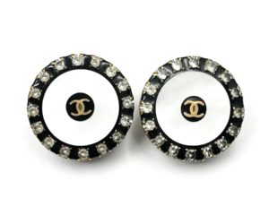 Chanel Vintage Gold Plated CC Mother of Pearl Crystal Rim Clip on Earrings