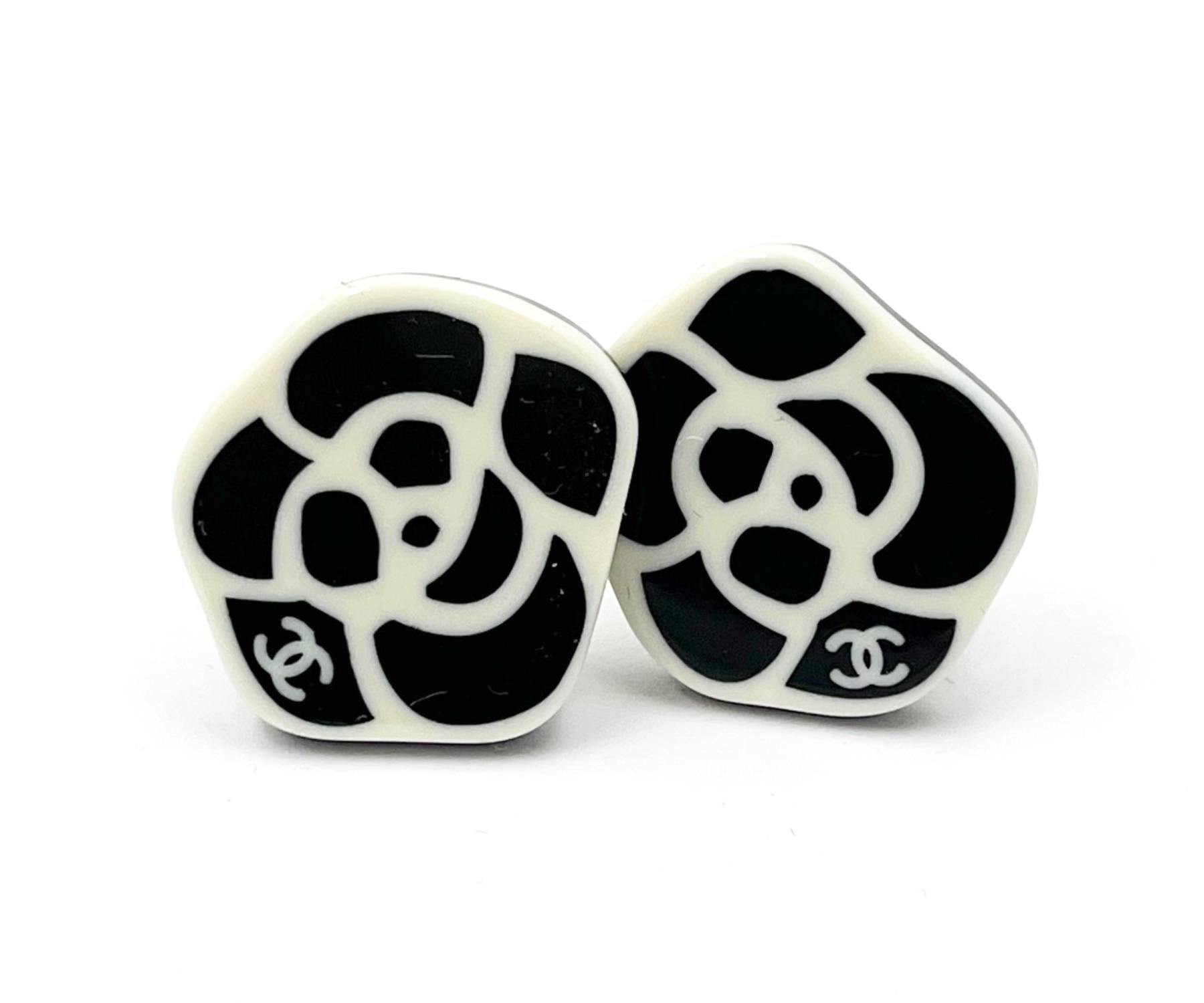 Chanel White CC Black Camellia Resin Clip on Earrings