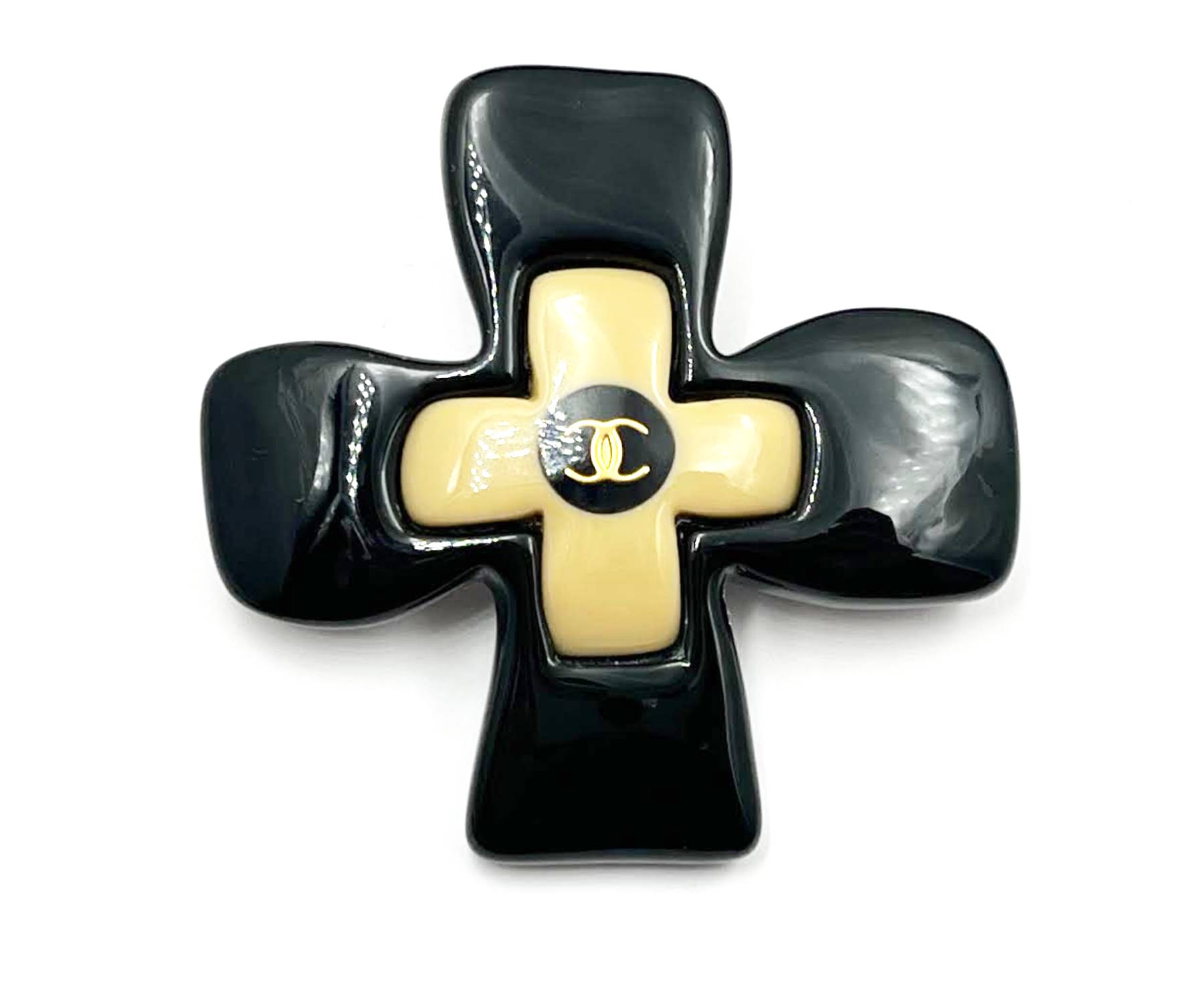Chanel Vintage Gold Plated Beige Black CC Cross Clip on Earrings Brooch Set - Image 3