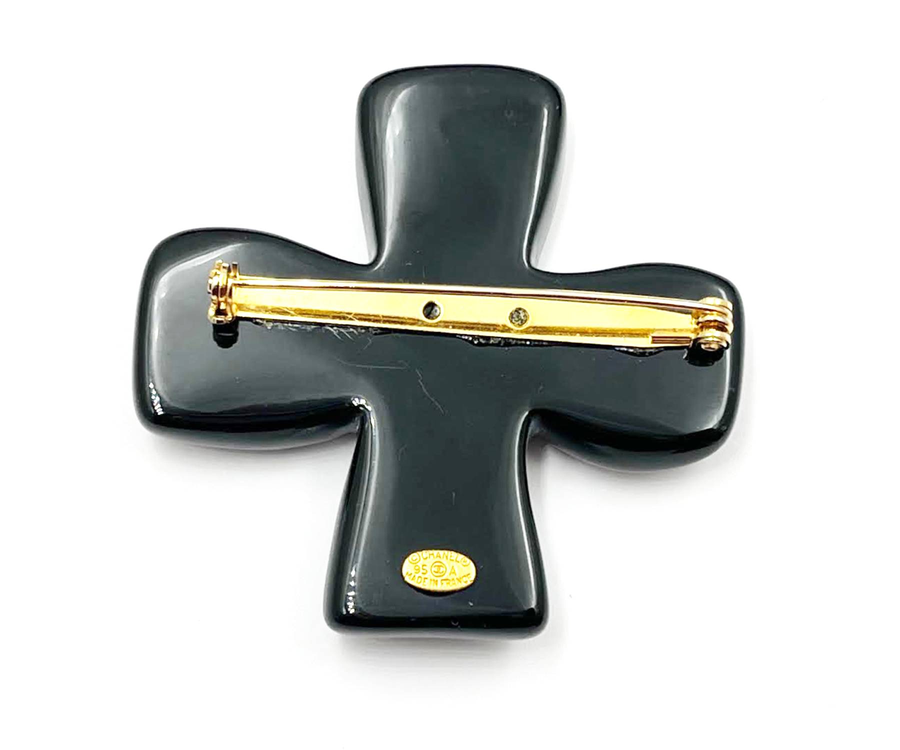 Chanel Vintage Gold Plated Beige Black CC Cross Clip on Earrings Brooch Set - Image 4