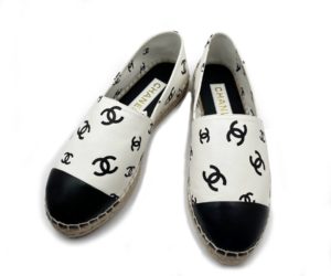 Chanel Brand New Sold Out Black CC White Leather Espadrilles Flats