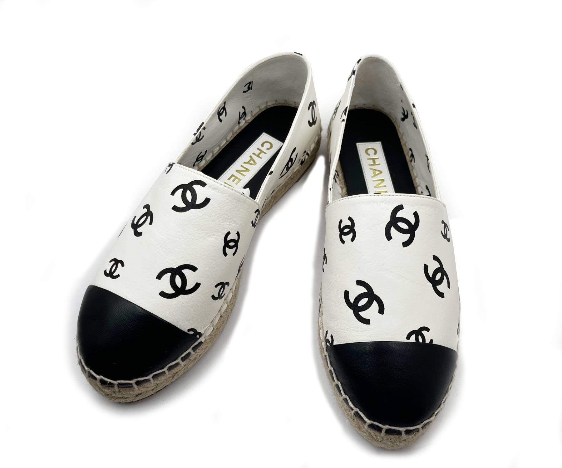 Chanel Brand New Sold Out Black CC White Leather Espadrilles Flats