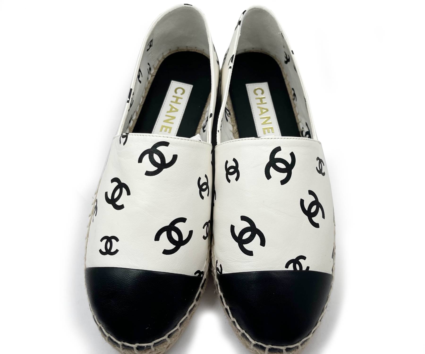 Chanel Brand New Sold Out Black CC White Leather Espadrilles Flats - Image 3