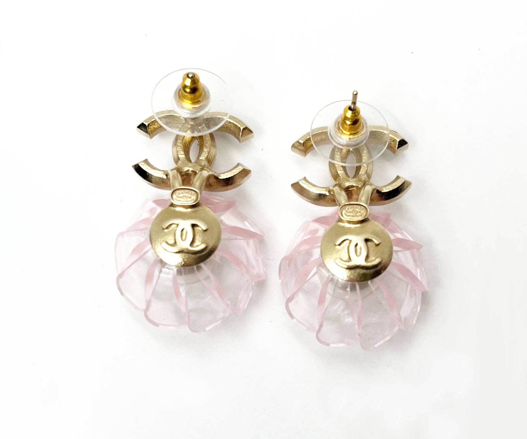 Chanel Gold CC Crystal Pink Resin Flower Pearl Piercing Earrings - Image 3