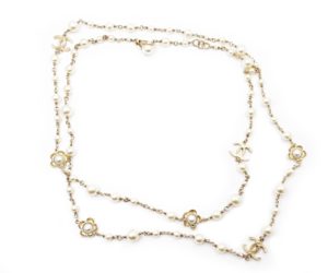 Chanel Gold Scratchy CC Gold Flower Pearl Long Necklace