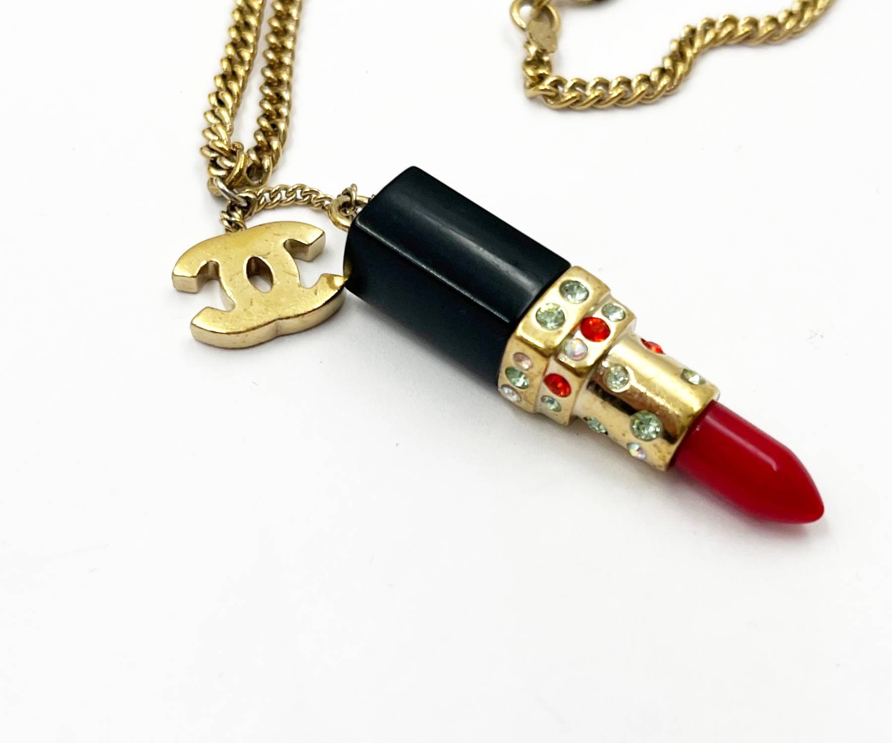Chanel Rare Vintage Gold Plated CC Large Red Lipstick Pendant Necklace - Image 4