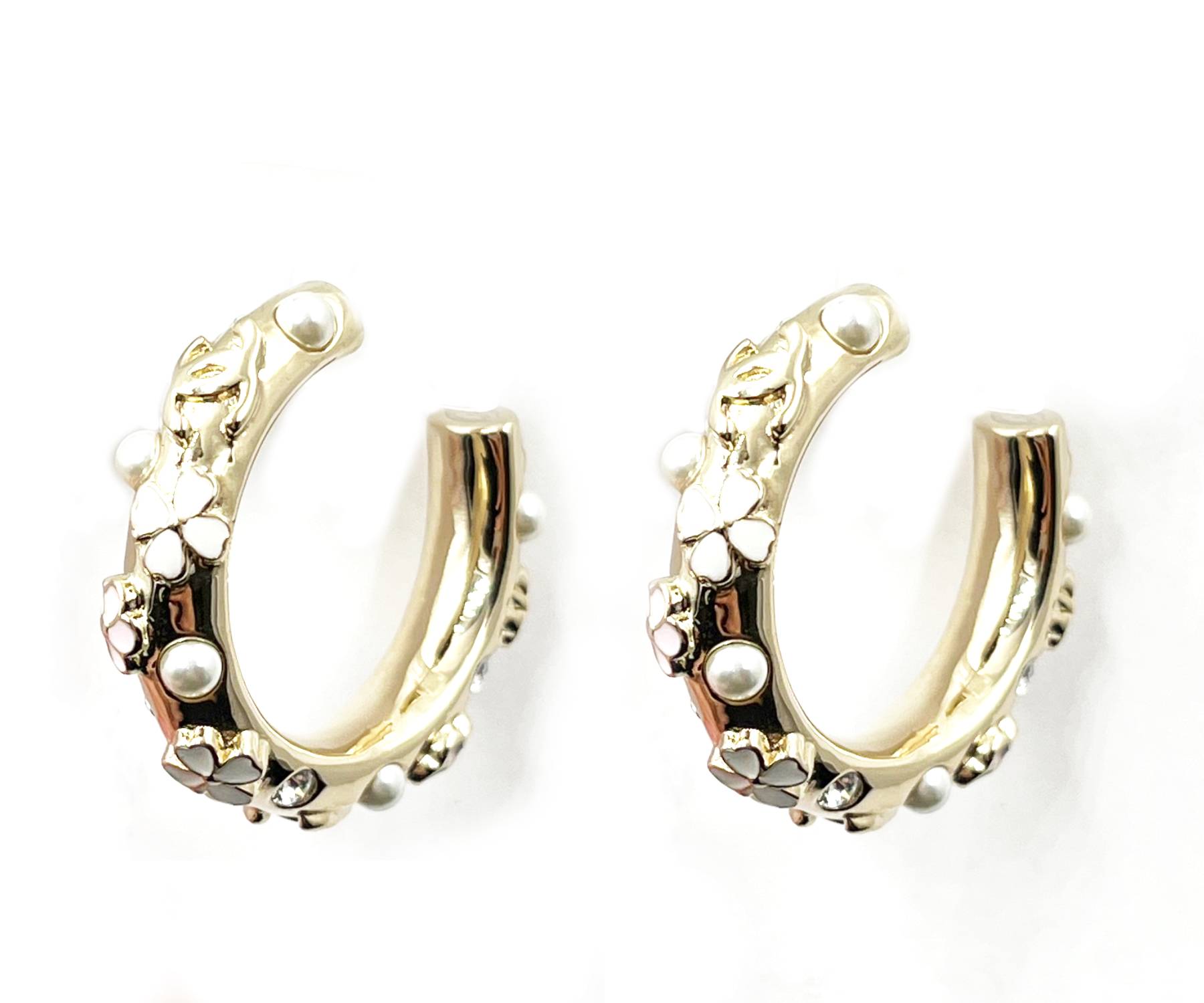 Chanel Brand New Gold CC Pink White Flower Pearl Hoop Piercing Earrings