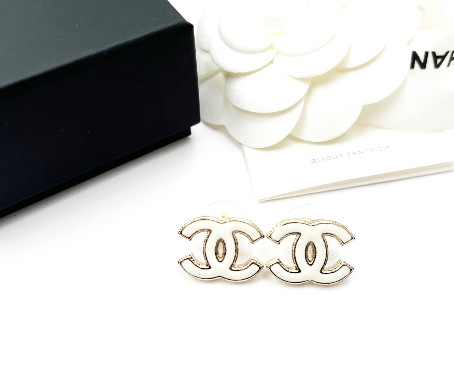 Chanel Brand New Gold CC White Enamel Reissued Piercing Earrings - Image 2
