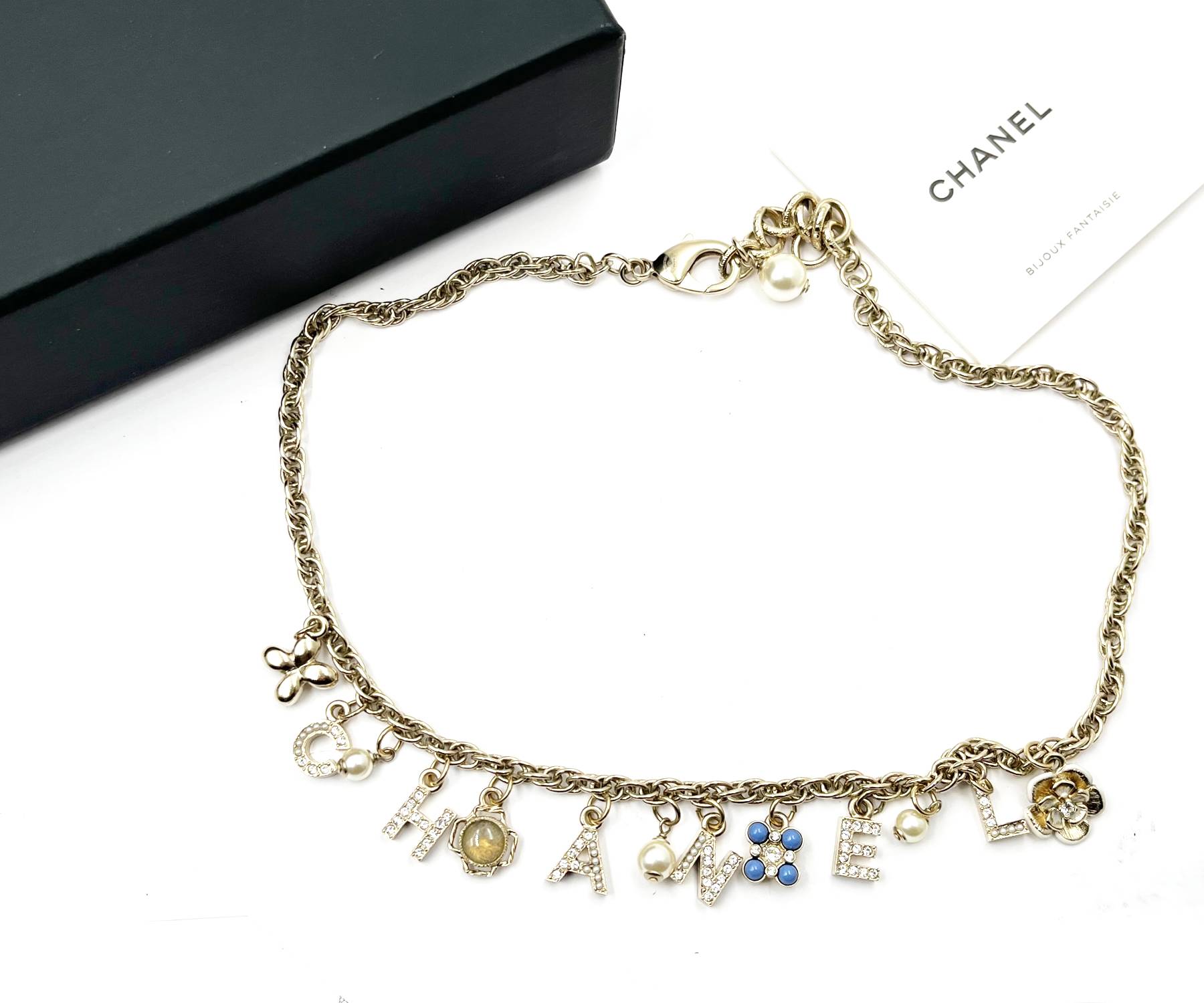 Chanel Gold Letter Crystal Flower Pendants Chain Necklace - Image 2