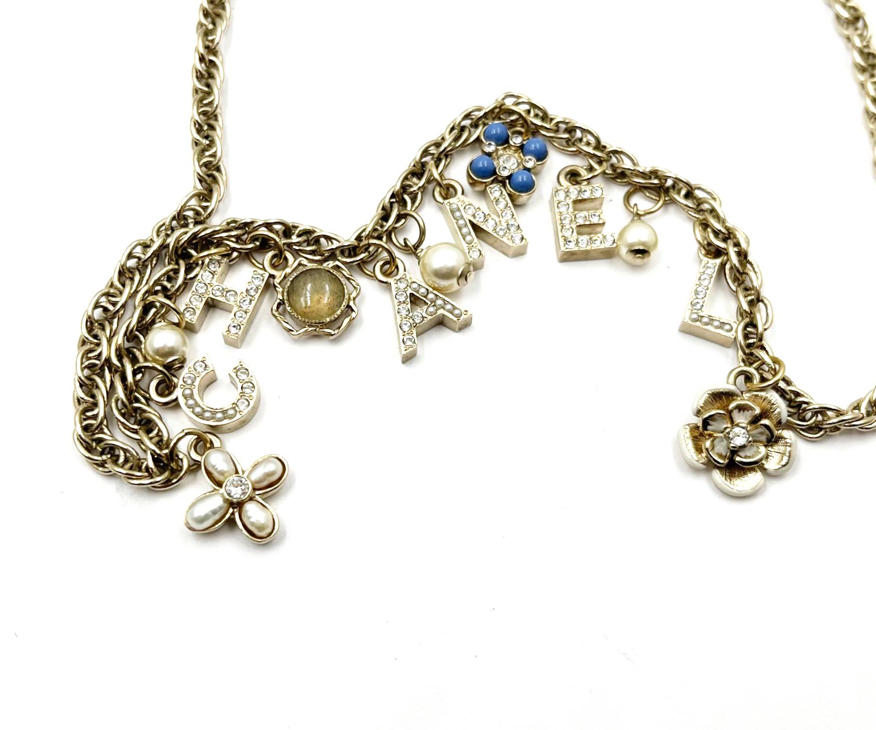 Chanel Gold Letter Crystal Flower Pendants Chain Necklace - Image 4