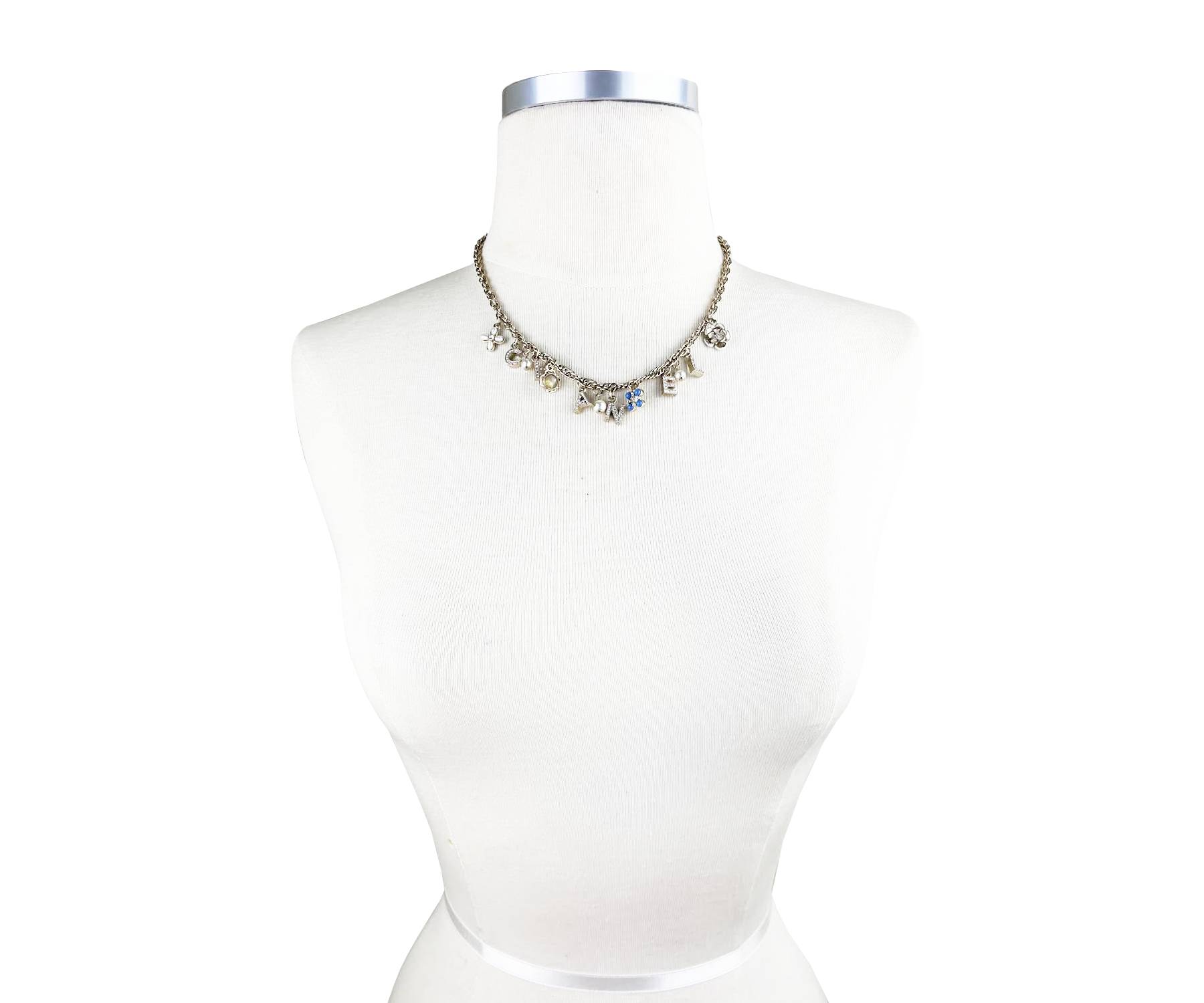 Chanel Gold Letter Crystal Flower Pendants Chain Necklace - Image 3