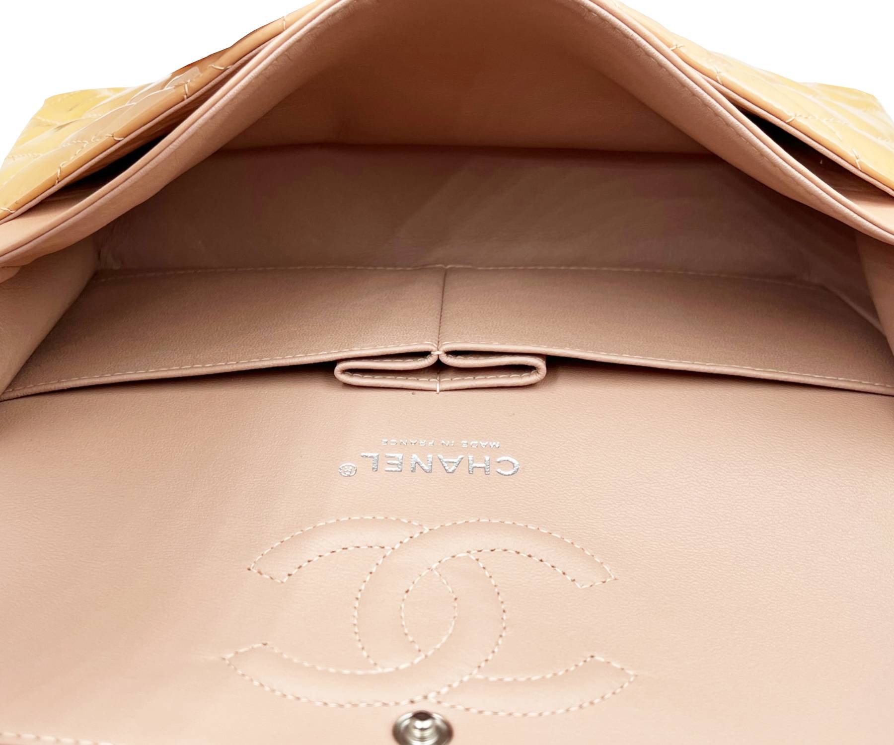 Chanel Peach Pink Classic Timeless Double Flap Patent Leather 10" Shoulder Bag - Image 5