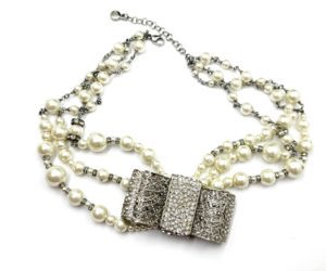 Chanel Rare Silver Large Bow Crystal 3 Strand Pearl Necklace