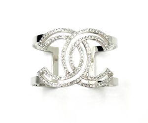 Chanel Classic Silver CC Square Round Crystal Cutout Double Cuff Bracelet