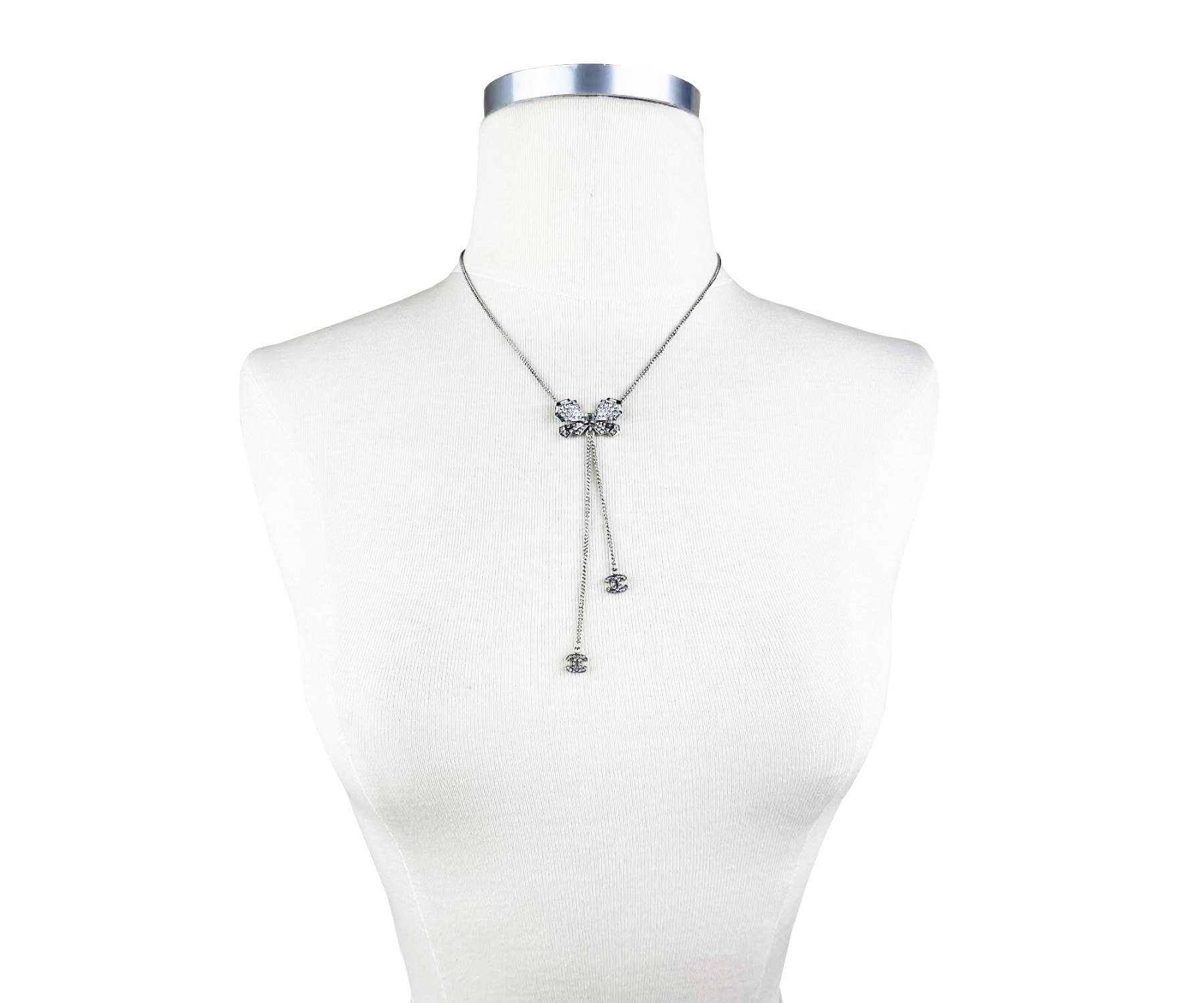 Chanel Silver Ribbon Bow Crystal CC Dangle Pendant Necklace - Image 2