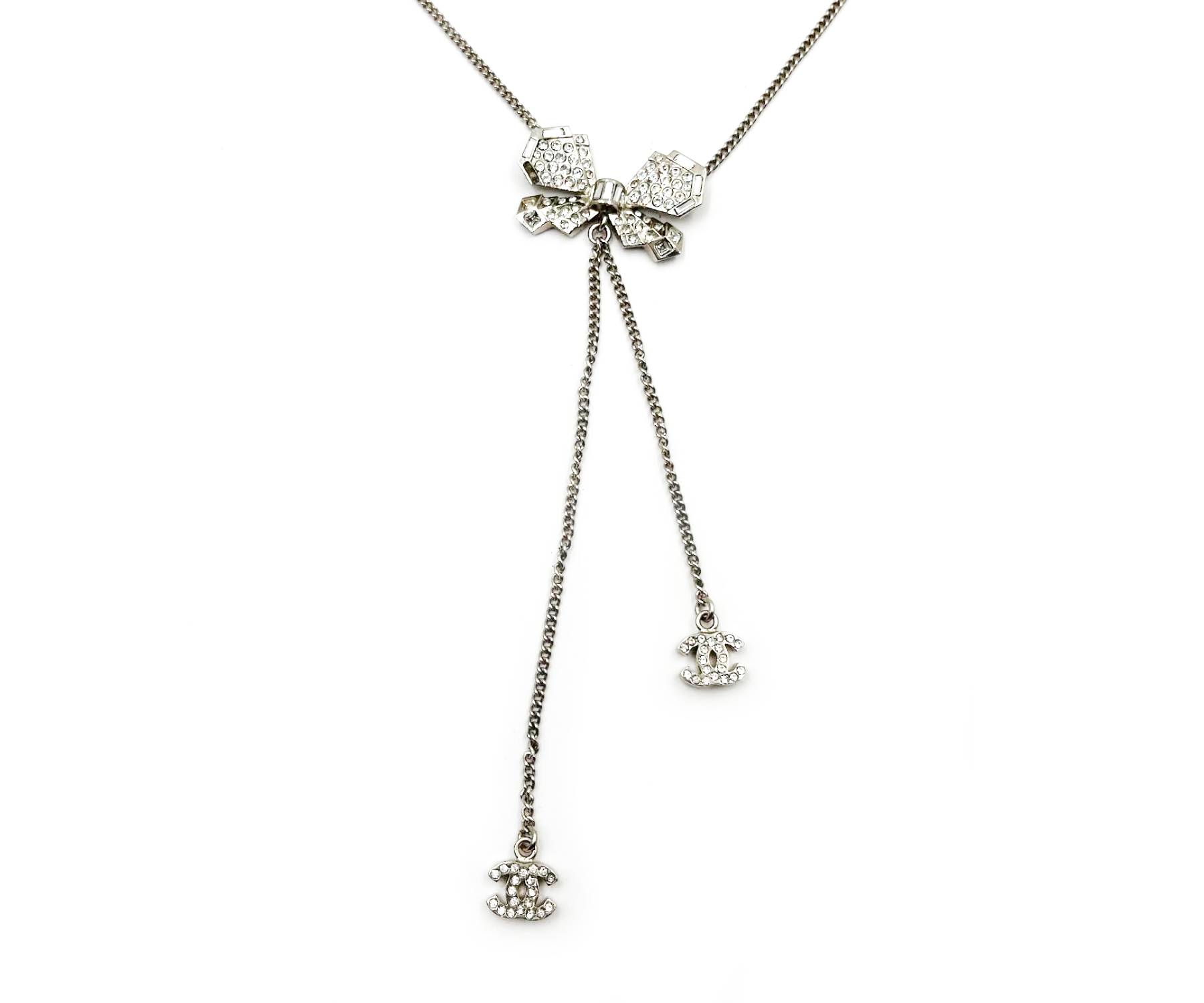 Chanel Silver Ribbon Bow Crystal CC Dangle Pendant Necklace - Image 3
