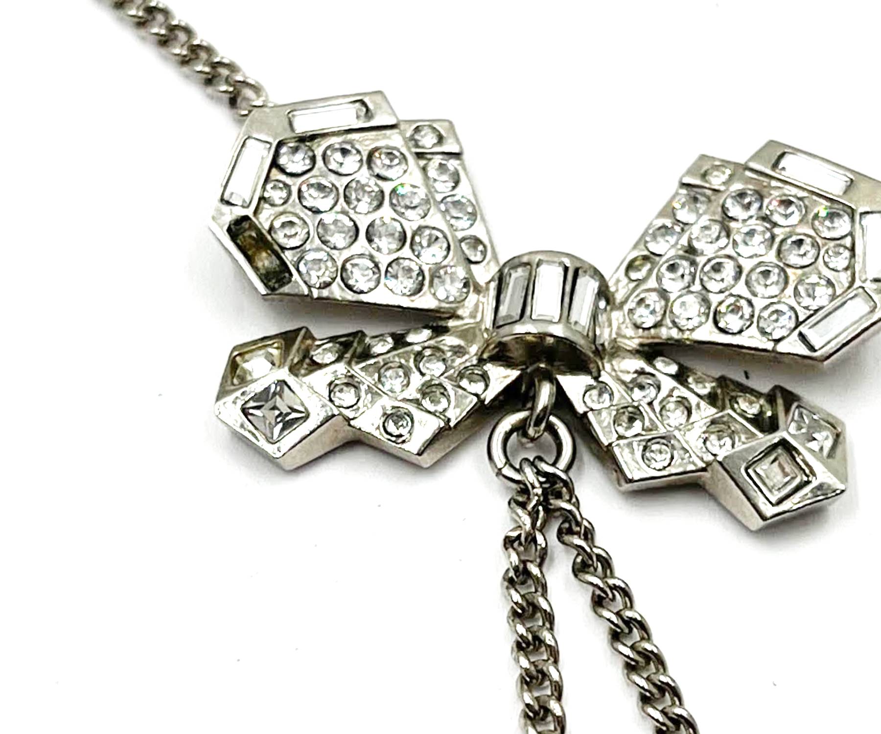 Chanel Silver Ribbon Bow Crystal CC Dangle Pendant Necklace - Image 5