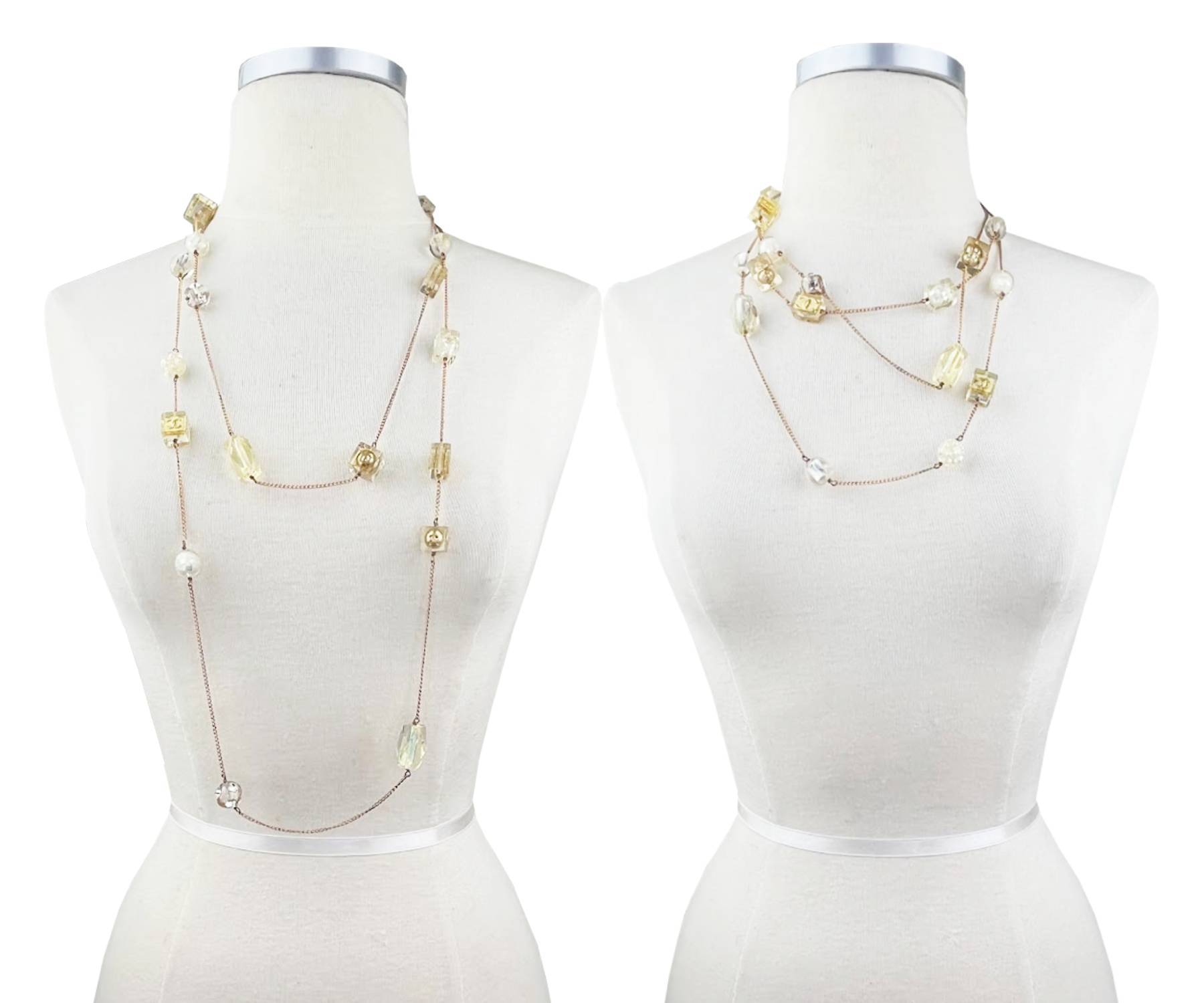 Chanel Vintage Gold Plated CC Resin Dice Pearl Super Long Necklace - Image 3