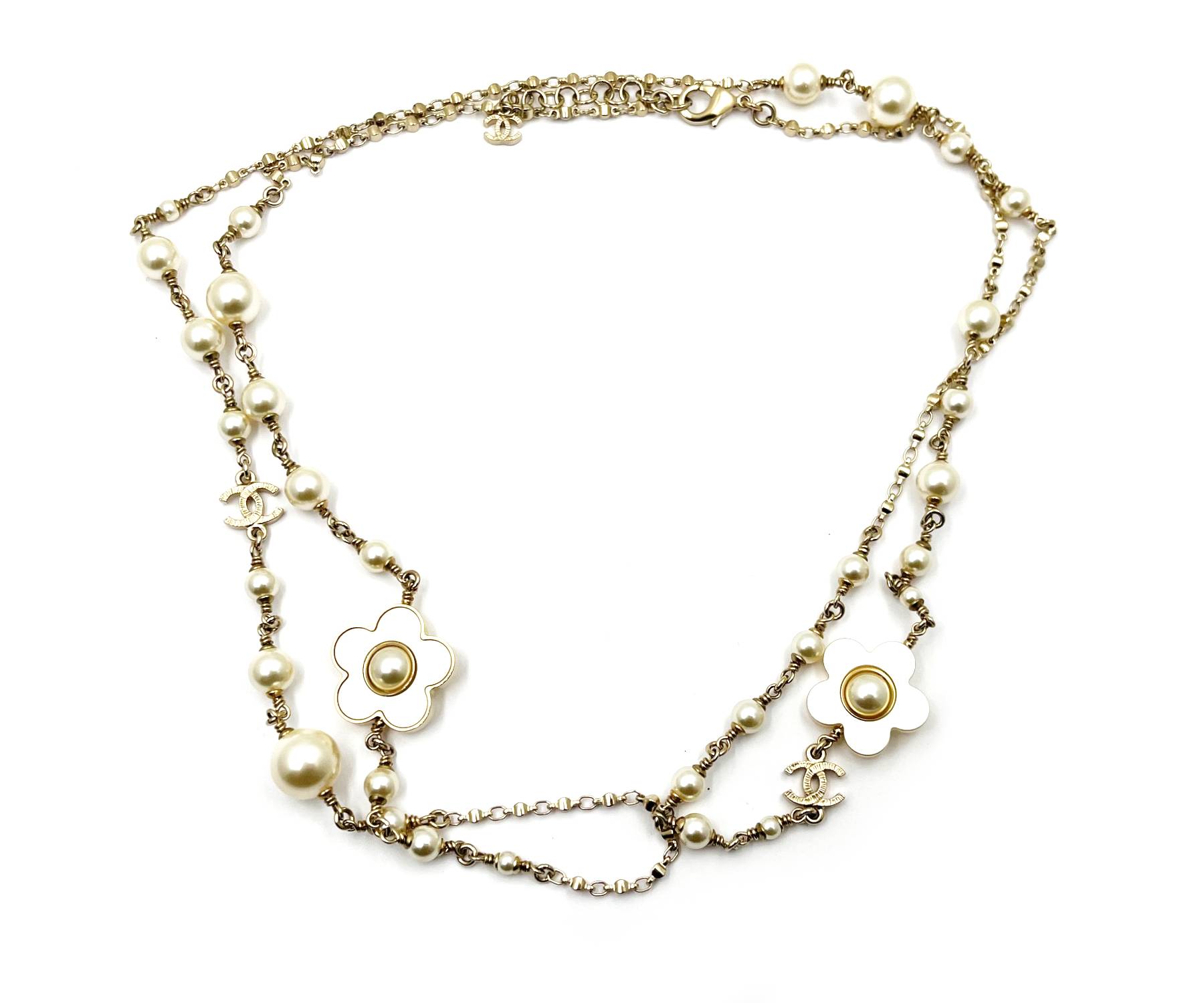 Chanel Gold CC Gold Frame White Flower Pearl Long Necklace - LAR
