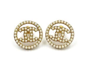 Chanel Gold CC Mini Pearl Round Piercing Earrings